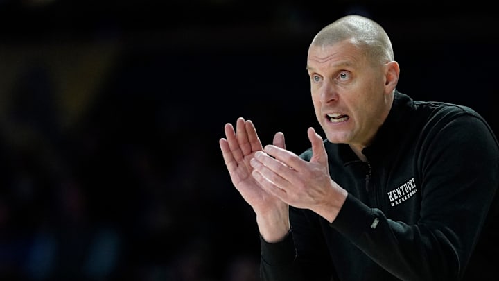 Kentucky Wildcats head coach Mark Pope works the sideline during their game against the Vanderbilt Commodores at Memorial Gym in Nashville, Tenn., Thursday, Aug. 29, 2024.