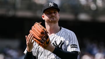 Jun 21, 2025; Bronx, New York, USA; New York Yankees pitcher Clarke Schmidt (36) reacts after leaving the game during the seventh inning against the Baltimore Orioles at Yankee Stadium. Mandatory Credit: John Jones-Imagn Images