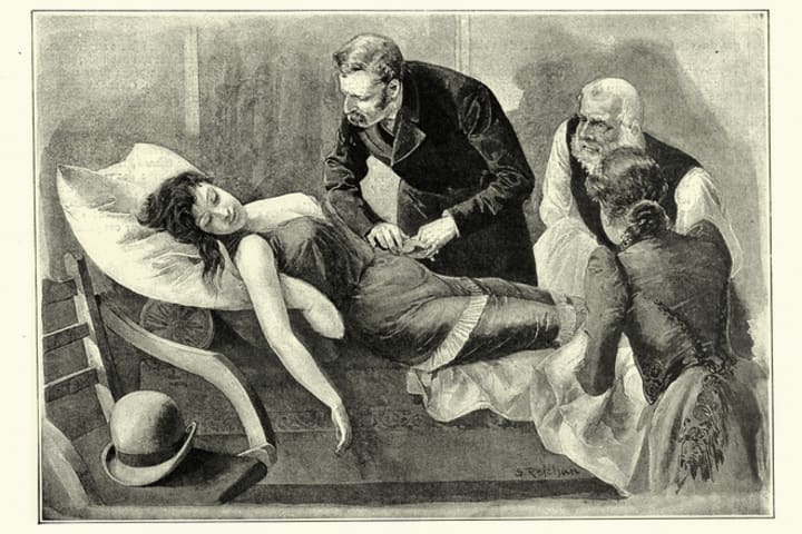 Victorian illustration of fainted woman on a couch with male doctors and female nurse attending to her