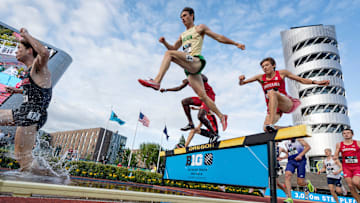 Oregon’s Vincent Mestler competes in the men’s 3,000-meter steeplechase during day two of the Big Ten Outdoor Track and Field Championships on May 17, 2025, at Hayward Field in Eugene.