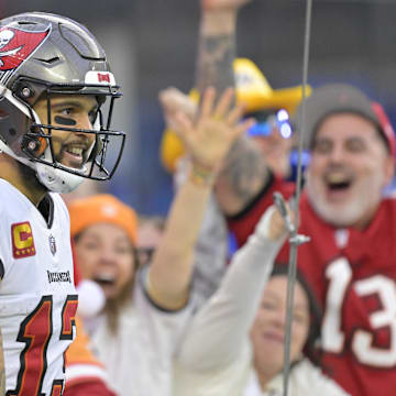 Dec 15, 2024; Inglewood, California, USA; Fans celebrate after a touchdown by Tampa Bay Buccaneers wide receiver Mike Evans (13) in the second half against the Los Angeles Chargers at SoFi Stadium. Mandatory Credit: Jayne Kamin-Oncea-Imagn Images