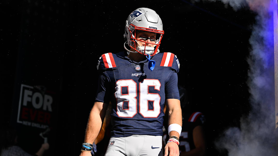 Nov 2, 2025; Foxborough, Massachusetts, USA; New England Patriots wide receiver Efton Chism III (86) walks out of the players tunnel before a game against the Atlanta Falcons at Gillette Stadium. Mandatory Credit: Eric Canha-Imagn Images