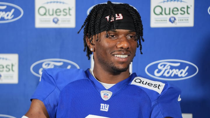 Jul 26, 2024; East Rutherford, NJ, USA; New York Giants wide receiver Malik Nabers (9) speaks at a press conference after training camp at Quest Diagnostics Training Center. Mandatory Credit: Lucas Boland-USA TODAY Sports