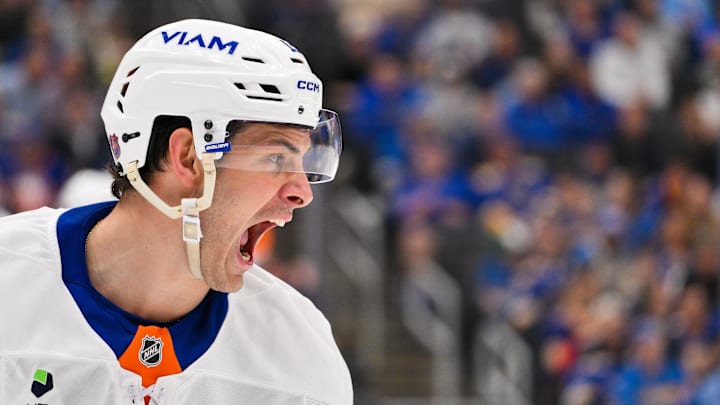 Mar 10, 2026; St. Louis, Missouri, USA; New York Islanders center Mathew Barzal (13) reacts after center Bo Horvat (not pictured) scored the game tying goal against the St. Louis Blues during the third period at Enterprise Center. Mandatory Credit: Jeff Curry-Imagn Images