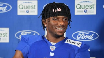 Jul 26, 2024; East Rutherford, NJ, USA; New York Giants wide receiver Malik Nabers (9) speaks at a press conference after training camp at Quest Diagnostics Training Center. Mandatory Credit: Lucas Boland-USA TODAY Sports