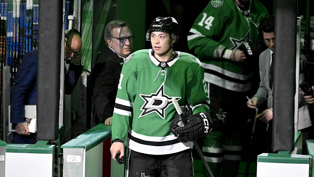 Feb 4, 2026; Dallas, Texas, USA; Dallas Stars left wing Jason Robertson (21) skates on the ice after the Stars defeat the St. Louis Blues at the American Airlines Center. Mandatory Credit: Jerome Miron-Imagn Images