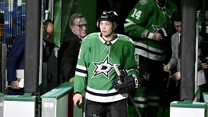 Feb 4, 2026; Dallas, Texas, USA; Dallas Stars left wing Jason Robertson (21) skates on the ice after the Stars defeat the St. Louis Blues at the American Airlines Center. Mandatory Credit: Jerome Miron-Imagn Images