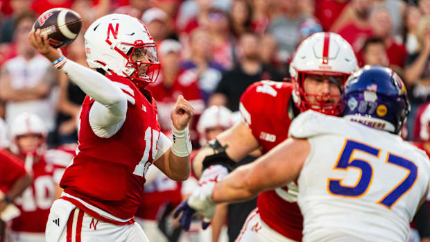 Nebraska Cornhuskers quarterback Dylan Raiola (15) passes against the Northern Iowa Panthers during the second quarter at Mem