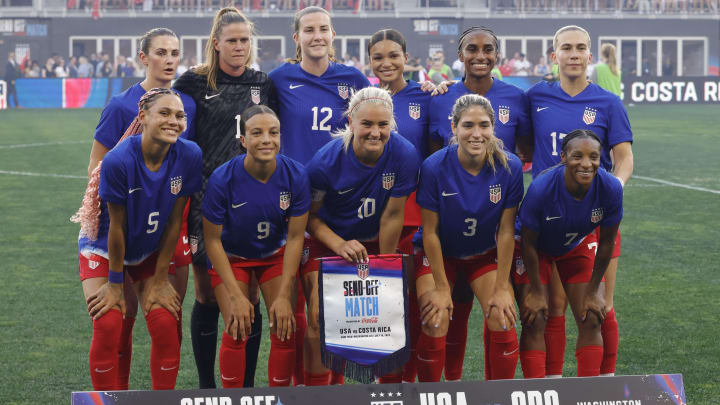 Jul 16, 2024; Washington, D.C., USA; The United States starting eleven pose for a picture prior to their friendly send-off match against Costa Rica at Audi Field. Mandatory Credit: Geoff Burke-USA TODAY Sports