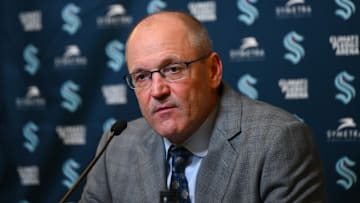 Oct 2, 2024; Seattle, Washington, USA; Dan Bylsma talks with the media after the game against the Edmonton Oilers at Climate Pledge Arena. Mandatory Credit: Steven Bisig-Imagn Images