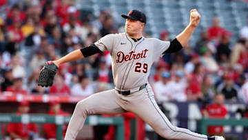 May 2, 2025; Anaheim, California, USA; Detroit Tigers pitcher Tarik Skubal (29) throws during the 1st inning against the Los Angeles Angels at Angel Stadium. 