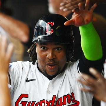 Aug 1, 2024; Cleveland, Ohio, USA; Cleveland Guardians third baseman Jose Ramirez (11) celebrates after scoring during the third inning against the Baltimore Orioles at Progressive Field. Mandatory Credit: Ken Blaze-USA TODAY Sports