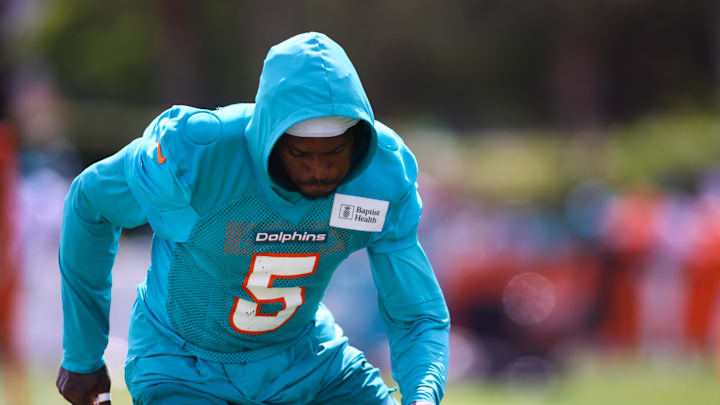 Miami Dolphins cornerback Jalen Ramsey (5) works out during training camp at Baptist Health Training Complex.