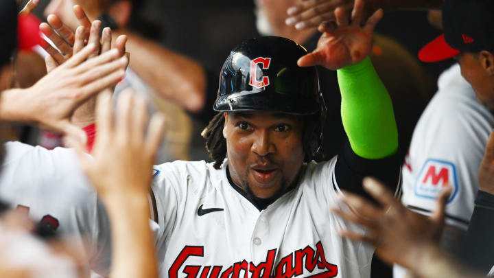 Aug 1, 2024; Cleveland, Ohio, USA; Cleveland Guardians third baseman Jose Ramirez (11) celebrates after scoring during the third inning against the Baltimore Orioles at Progressive Field. Mandatory Credit: Ken Blaze-USA TODAY Sports