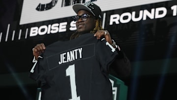 Apr 24, 2025; Green Bay, WI, USA; Boise State Broncos running back Ashton Jeanty is selected by the Las Vegas Raiders as the number six pick in the first round of the 2025 NFL Draft at Lambeau Field. Mandatory Credit: Kirby Lee-Imagn Images