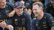 Oct 23, 2022; Austin, Texas, USA; (from left) Red Bull team advisor Helmut Marko and Red Bull Racing Limited driver Max Verstappen of Team Netherlands and Team Principal Christian Horner celebrate winning the U.S. Grand Prix F1 race at Circuit of the Americas. Mandatory Credit: Jerome Miron-Imagn Images