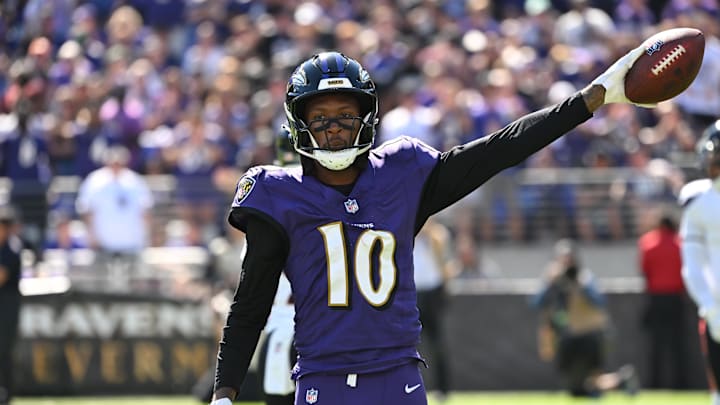 Oct 5, 2025; Baltimore, Maryland, USA; Baltimore Ravens wide receiver Deandre Hopkins (10) reacts after a run during the first quarter against the Houston Texans at M&T Bank Stadium. Mandatory Credit: Rafael Suanes-Imagn Images