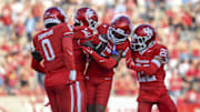 Nov 22, 2025; Houston, Texas, USA; Houston Cougars defensive back Will James (15) celebrates with teammates after an interception during the second quarter against the TCU Horned Frogs at TDECU Stadium. Mandatory Credit: Troy Taormina-Imagn Images