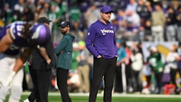 Oct 19, 2025; Minneapolis, Minnesota, USA; The Minnesota Vikings head coach Kevin O'Connell looks on before the game against the Philadelphia Eagles at U.S. Bank Stadium. Mandatory Credit: Jeffrey Becker-Imagn Images