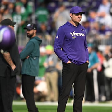 Oct 19, 2025; Minneapolis, Minnesota, USA; The Minnesota Vikings head coach Kevin O'Connell looks on before the game against the Philadelphia Eagles at U.S. Bank Stadium. Mandatory Credit: Jeffrey Becker-Imagn Images