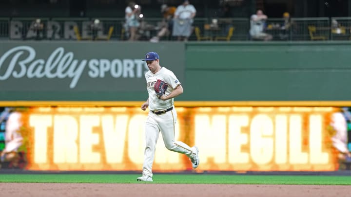 Jun 24, 2024; Milwaukee, Wisconsin, USA;  Milwaukee Brewers pitcher Trevor Megill (29) runs towards the mound  during the game against the Milwaukee Brewers at American Family Field. Mandatory Credit: Jeff Hanisch-USA TODAY Sports