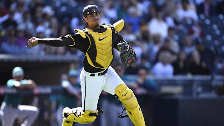 Mar 26, 2024; San Diego, California, USA; San Diego Padres catcher Ethan Salas (88) throws to first base during the ninth inning against the Seattle Mariners at Petco Park. Mandatory Credit: Orlando Ramirez-Imagn Images Mar 26, 2024; San Diego, California, USA; San Diego Padres catcher Ethan Salas (88) throws to first base during the ninth inning against the Seattle Mariners at Petco Park. Mandatory Credit: Orlando Ramirez-Imagn Images