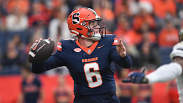 Sep 7, 2024; Syracuse, New York, USA; Syracuse Orange quarterback Kyle McCord (6) throws a pass in the second quarter against the Georgia Tech Yellow Jackets at the JMA Wireless Dome. Mandatory Credit: Mark Konezny-Imagn Images