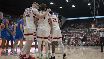 Mar 1, 2025; Stanford, California, USA;  Stanford Cardinal huddle before the start of the next drive during the second half against the Southern Methodist Mustangs at Maples Pavilion. Mandatory Credit: Stan Szeto-Imagn Images