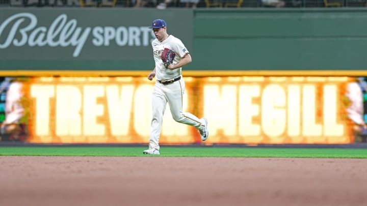 Jun 24, 2024; Milwaukee, Wisconsin, USA;  Milwaukee Brewers pitcher Trevor Megill (29) runs towards the mound  during the game against the Milwaukee Brewers at American Family Field. Mandatory Credit: Jeff Hanisch-USA TODAY Sports