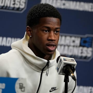 Mar 20, 2025; Raleigh, NC, USA; Baylor Bears guard VJ Edgecombe (7) during the press conference at Lenovo Center. Mandatory Credit: Bob Donnan-Imagn Images