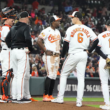 Sep 28, 2023; Baltimore, Maryland, USA; Baltimore Orioles manager Brandon Hyde (18) makes a pitching change during the sixth inning against the Boston Red Sox at Oriole Park at Camden Yards.