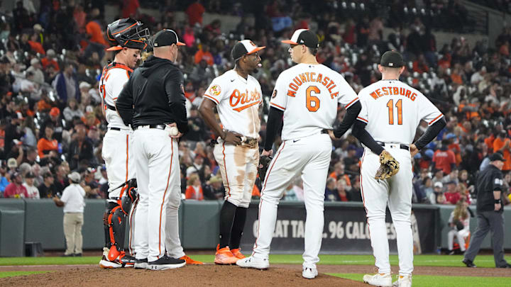 Sep 28, 2023; Baltimore, Maryland, USA; Baltimore Orioles manager Brandon Hyde (18) makes a pitching change during the sixth inning against the Boston Red Sox at Oriole Park at Camden Yards.