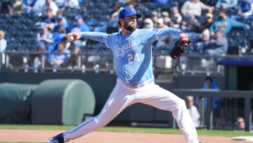 Apr 11, 2024; Kansas City, Missouri, USA; Kansas City Royals pitcher Jordan Lyles (24) delivers a pitch against the Houston Astros in the ninth inning at Kauffman Stadium.