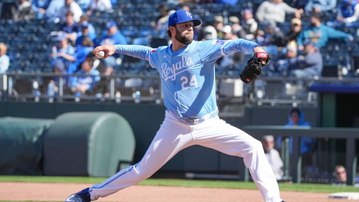 Apr 11, 2024; Kansas City, Missouri, USA; Kansas City Royals pitcher Jordan Lyles (24) delivers a pitch against the Houston Astros in the ninth inning at Kauffman Stadium.