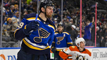 Jan 9, 2025; St. Louis, Missouri, USA;  St. Louis Blues left wing Pavel Buchnevich (89) reacts after scoring against the Anaheim Ducks during the second period at Enterprise Center. Mandatory Credit: Jeff Curry-Imagn Images