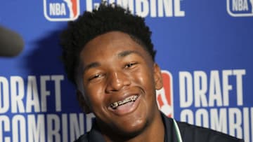 May 14, 2025; Chicago, Il, USA; Derik Queen talks to the media during the 2025 NBA Draft Combine at Marriott Marquis Chicago. Mandatory Credit: David Banks-Imagn Images