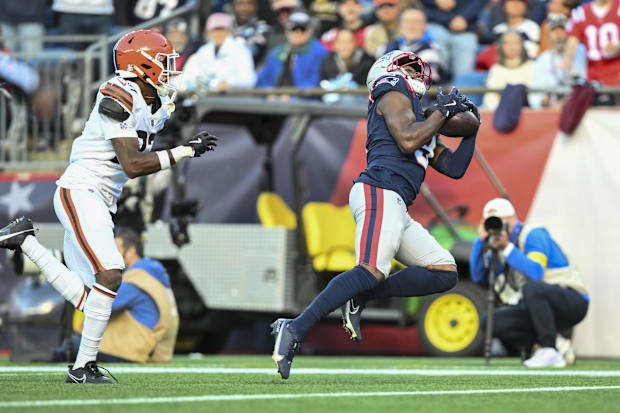 Oct 26, 2025; Foxborough, Massachusetts, USA; New England Patriots wide receiver Kayshon Boutte (9) scores a touchdown duri