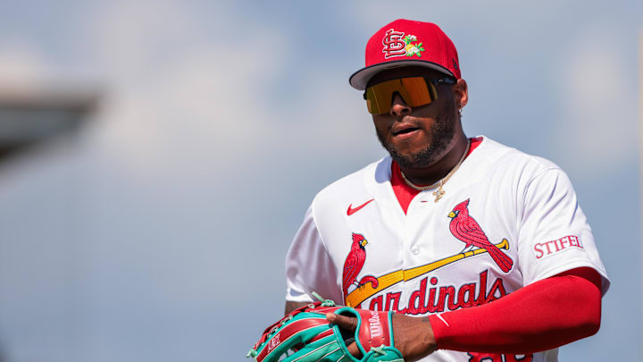 Feb 27, 2026; Jupiter, Florida, USA; St. Louis Cardinals left fielder Nelson Velazquez (88) returns to the dugout against the New York Mets during the first inning at Roger Dean Chevrolet Stadium. Mandatory Credit: Sam Navarro-Imagn Images