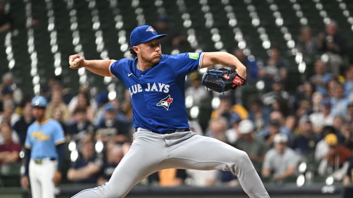 Toronto Blue Jays relief pitcher Nate Pearson (24) delivers a pitch against the Milwaukee Brewers in the sixth inning at American Family Field on June 11.