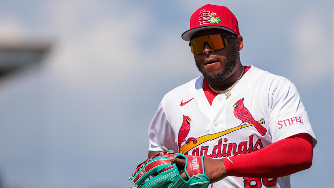 Feb 27, 2026; Jupiter, Florida, USA; St. Louis Cardinals left fielder Nelson Velazquez (88) returns to the dugout against the New York Mets during the first inning at Roger Dean Chevrolet Stadium. Mandatory Credit: Sam Navarro-Imagn Images