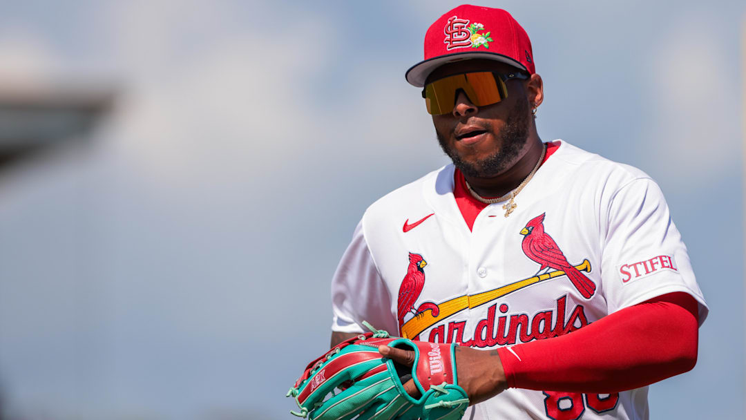 Feb 27, 2026; Jupiter, Florida, USA; St. Louis Cardinals left fielder Nelson Velazquez (88) returns to the dugout against the New York Mets during the first inning at Roger Dean Chevrolet Stadium. Mandatory Credit: Sam Navarro-Imagn Images
