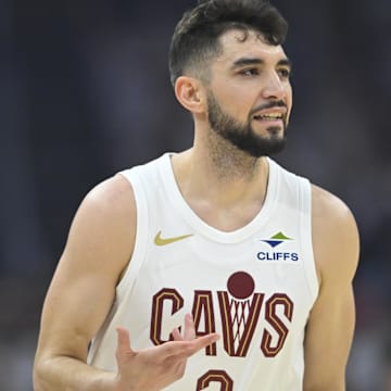 Apr 23, 2025; Cleveland, Ohio, USA; Cleveland Cavaliers guard Ty Jerome (2) celebrates his three-point basket in the first quarter of game two of the first round of the 2025 NBA Playoffs against the Miami Heat at Rocket Arena. Mandatory Credit: David Richard-Imagn Images