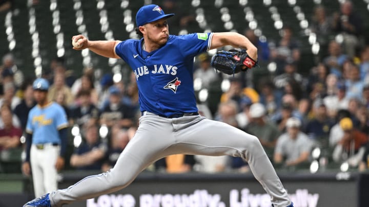 Jun 11, 2024; Milwaukee, Wisconsin, USA; Toronto Blue Jays relief pitcher Nate Pearson (24) delivers a pitch against the Milwaukee Brewers in the sixth inning at American Family Field. Mandatory Credit: Michael McLoone-USA TODAY Sports