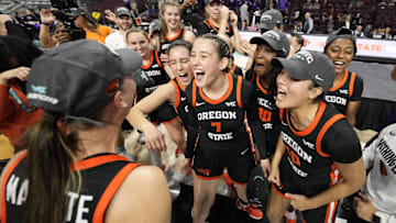 March 11, 2025; Las Vegas, NV, USA; Oregon State Beavers celebrate after defeating the Portland Pilots after the game in the final of the West Coast Conference tournament at Orleans Arena. Mandatory Credit: Kyle Terada-Imagn Images