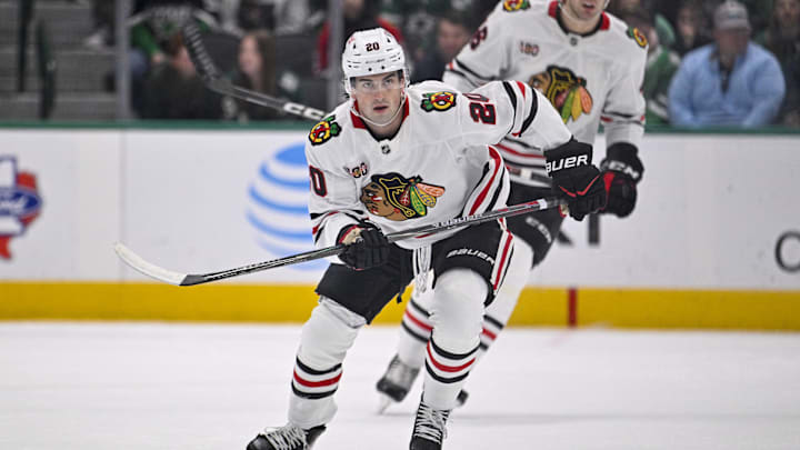 Mar 8, 2026; Dallas, Texas, USA; Chicago Blackhawks center Ryan Greene (20) skates against the Dallas Stars during the game between the Stars and the Blackhawks at American Airlines Center. Mandatory Credit: Jerome Miron-Imagn Images