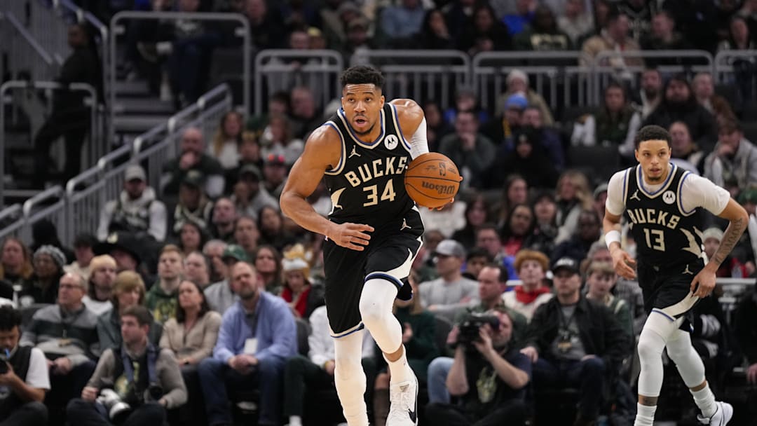 Jan 23, 2026; Milwaukee, Wisconsin, USA;  Milwaukee Bucks forward Giannis Antetokounmpo (34) during the game against the Denver Nuggets at Fiserv Forum. Mandatory Credit: Jeff Hanisch-Imagn Images