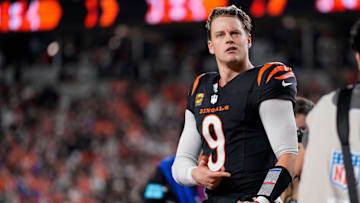 Cincinnati Bengals quarterback Joe Burrow (9) celebrates after the game-winning touchdown pass to Tee Higgins in overtime of the NFL Week 17 game between the Cincinnati Bengals and the Denver Broncos at Paycor Stadium in downtown Cincinnati on Saturday, Dec. 28, 2024. The Bengals took a 30-24 win in overtime to remain in the post season chase.