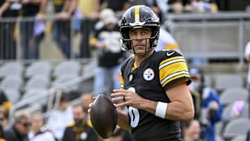Oct 12, 2025; Pittsburgh, Pennsylvania, USA; Pittsburgh Steelers quarterback Aaron Rodgers (8) warms up before the game at Acrisure Stadium. Mandatory Credit: Barry Reeger-Imagn Images