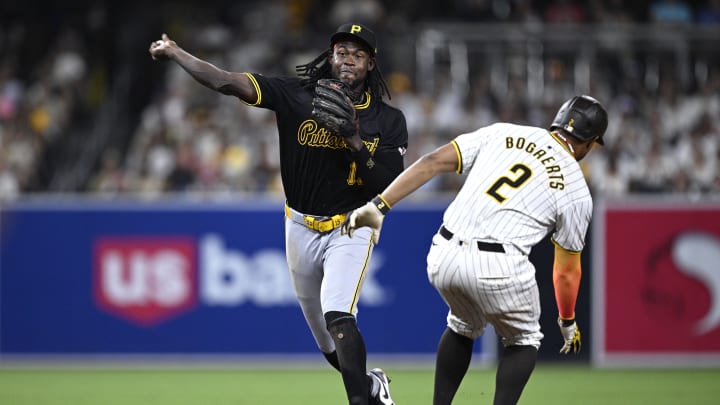 Pittsburgh Pirates shortstop Oneil Cruz (15) throws to first base after forcing out San Diego Padres second baseman Xander Bogaerts (2) at second base to complete a double play during the seventh inning at Petco Park. 