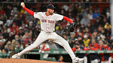 Apr 6, 2025; Boston, Massachusetts, USA; Boston Red Sox relief pitcher Cooper Criswell (64) pitches against the St. Louis Cardinals during the seventh inning at Fenway Park.